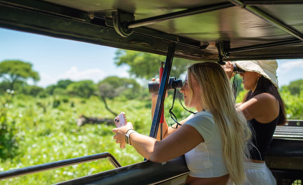 Traveler watching wildlife from a safari vehicle